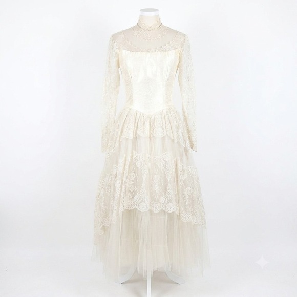 None Dresses & Skirts - VTG 50s Wedding Dress Cottagecore Lace Tulle Bridal Gown Coquette Princess